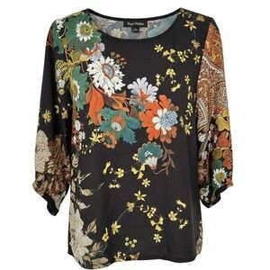 Bryn Walker Womens Blouse 3/4 Sleeve Floral Paisley Print Black Made in USA M
